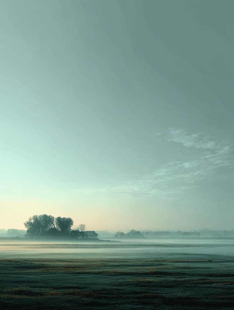 A calm, misty landscape at dawn